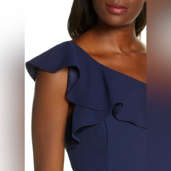 Nordstrom J.O.A. Navy Blue Party Ruffle Shoulder Cocktail Top women's size Small - Picture 1 of 7